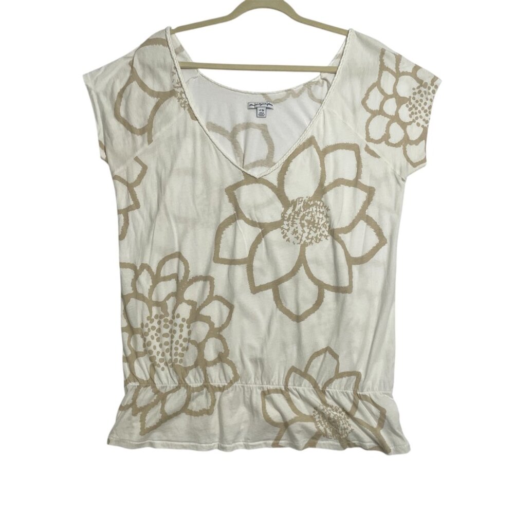 American Eagle Top Womens‎ XL Beige White Floral V-Neck Short Sleeve Casual